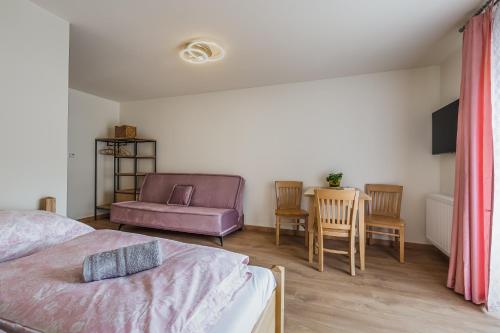 a bedroom with a bed and a couch and a table at Willa Cichosza - wygodne i nowoczesne pokoje, 800m do centrum tuż przy szlakach pieszych i rowerowych oraz stokach narciarskich in Szczawnica