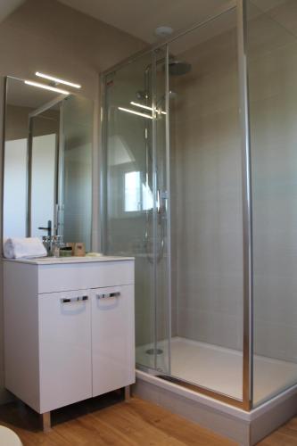 a bathroom with a shower and a white cabinet at L'Huitrière in Quiberville
