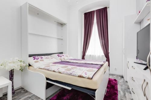 a small bedroom with a bed and a tv at Apartment Thunovská 10 in Prague