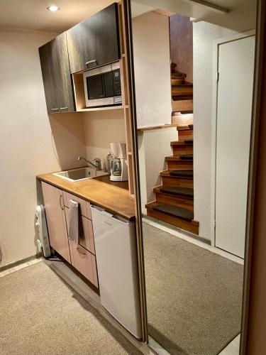 ヴォルにあるSviit Nr. 7 Apartmentのシンクと電子レンジ付きの小さなキッチン