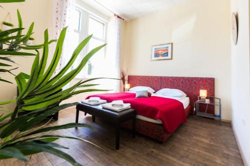 Un dormitorio con una cama roja y una planta en Lady of Health Apartments, en Zadar