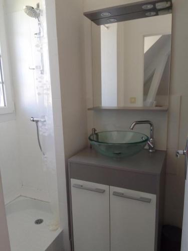La salle de bains est pourvue d'un lavabo vert et d'une douche. dans l'établissement Appartement 2 pièces proche du centre ville, à Bagnoles-de-l'Orne