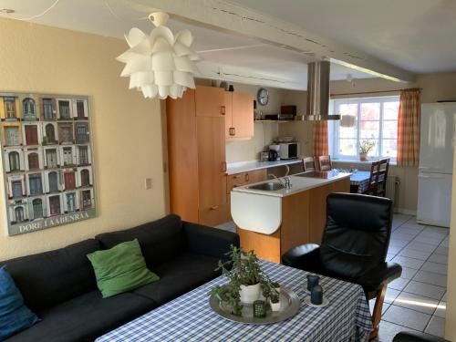 a living room with a couch and a table and a kitchen at Loff Holiday Houses in Aabenraa