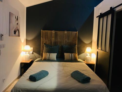 a bedroom with a large bed with two pillows on it at L’olivier De Manel in Aigues-Mortes