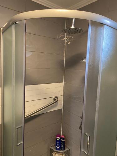 a shower with a glass door in a bathroom at Studio Apartman Jovičić in Bjelovar