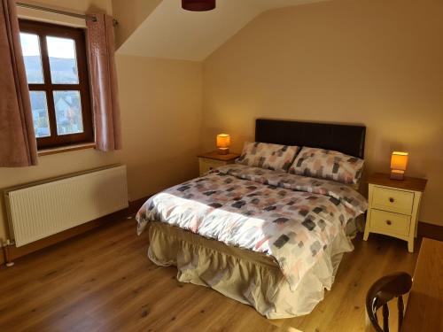 um quarto com uma cama e duas lâmpadas em duas mesas em Ballyloskey House em Carndonagh