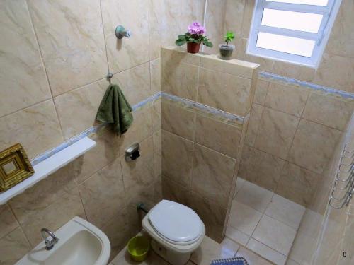 a bathroom with a shower and a toilet and a sink at Casa à Beira-Mar com Churrasqueira, TV e Wi-fi in Balneário Praia do Leste