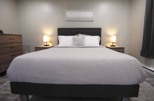 a bedroom with a large bed with two lamps on tables at The Overlook at Burdett Falls in Burdett