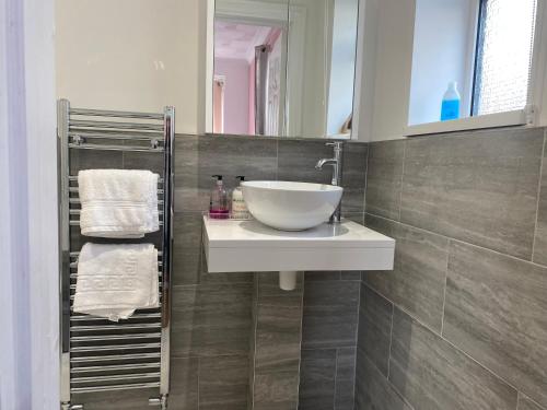 ein Bad mit einem Waschbecken und einem Spiegel in der Unterkunft The Lily Pad in Corfe Mullen