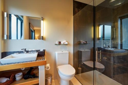 a bathroom with a toilet and a sink and a shower at Manakau Lodge in Kaikoura