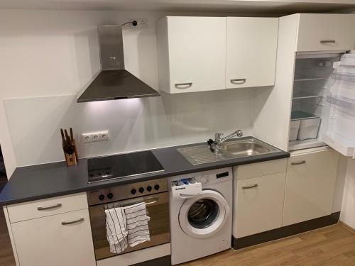 a kitchen with a washing machine and a sink at FELIX LIVING 1, Modern & cozy, Netflix, Smart TV in Passau