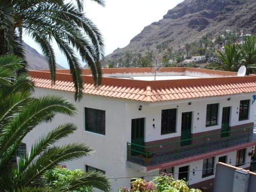budynek z palmami i górą w tle w obiekcie Goyo Gomera Apartments w mieście Valle Gran Rey