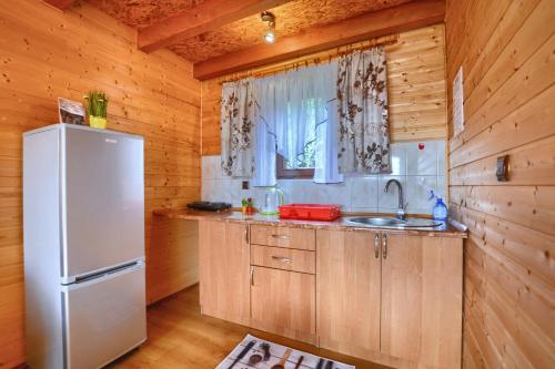 a kitchen with a white refrigerator and a sink at Domki nad Soliną CZARNY KOT 509-797-777 in Solina
