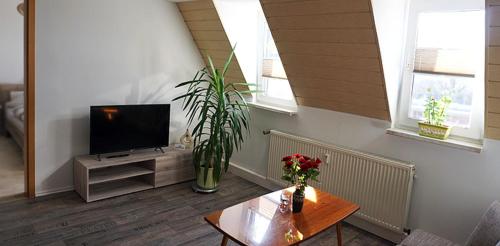 uma sala de estar com uma televisão e uma mesa em Ferienwohnung Burgstädt em Burgstaedt