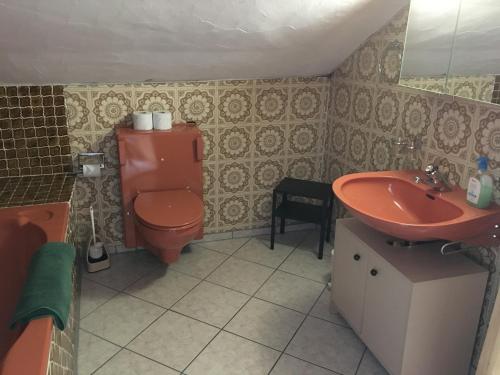 bagno con servizi igienici rossi e lavandino di Jambo a Valchava