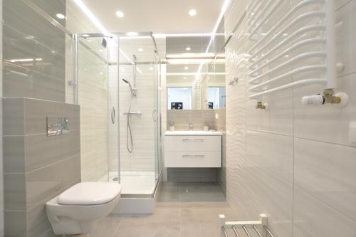 La salle de bains est pourvue de toilettes, d'une douche et d'un lavabo. dans l'établissement Darłówko Apartament Morski IX, à Darłówko