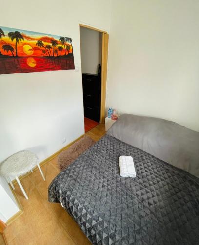 1 dormitorio con 1 cama y una pintura en la pared en Elli apartament, en Gdynia