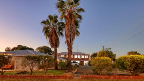 two palm trees in front of a house at Bryants Motel Roma in Roma