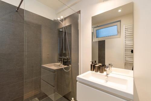 a bathroom with a sink and a glass shower at Between the theaters of Antwerp in Antwerp