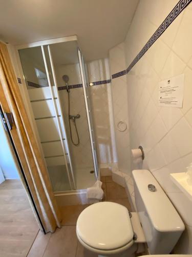 a bathroom with a toilet and a shower at Hôtel Belle Vue d'Angleterre in Le Grau-du-Roi