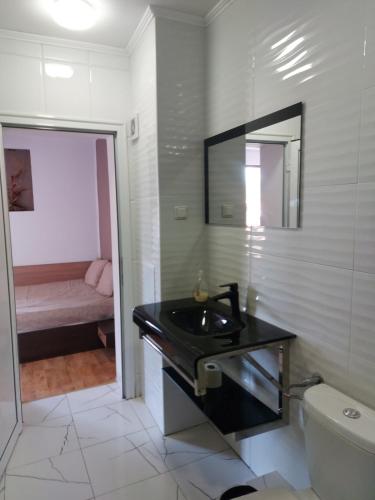 a bathroom with a black sink and a toilet at Guest house Lidia in Tsigov Chark