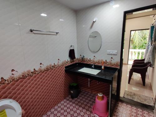 a bathroom with a sink and a bunch of birds on the counter at Rama Niwas Beach Home Stay in Pawas