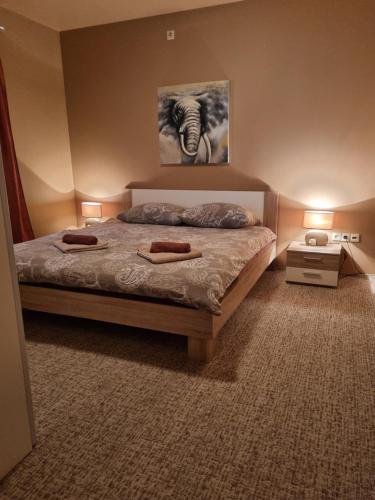 een slaapkamer met een bed en een foto van een olifant bij Apartment Lilly in Kali