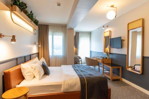 um quarto de hotel com uma cama e uma secretária em Viva La Vita Hotel em Konak
