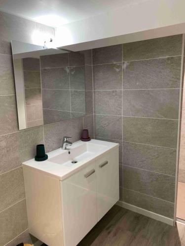 une salle de bain avec un lavabo blanc et un miroir dans l'établissement La Maison de FRED, à Tourville-sur-Pont-Audemer