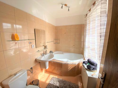 y baño con bañera, lavabo y aseo. en Apartmán Prachatice en Prachatice