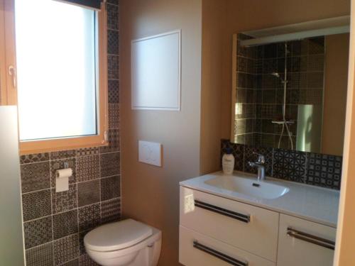 a bathroom with a toilet and a sink and a mirror at HEUREUX HASARD in Clisson