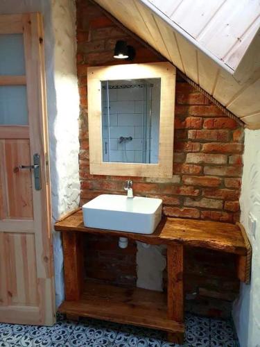 a bathroom with a sink and a brick wall at MOTOMYCZKI-motel in Myczkowce