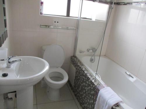 a bathroom with a sink and a toilet and a tub at River View Villa Self Catering in Francistown