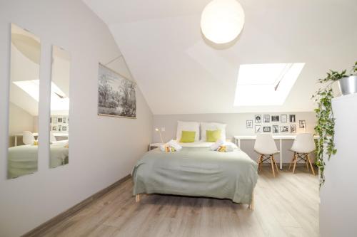 een witte slaapkamer met een bed en een spiegel bij Duplex République in Clermont-Ferrand