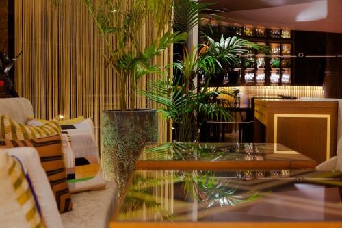 a restaurant with a glass table and some plants at Montargil Monte Novo in Montargil