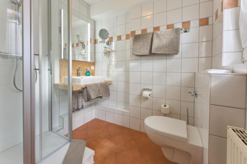 Un baño con inodoro, lavabo y ducha. en Thermen Appartements Gabriela, en Bad Krozingen