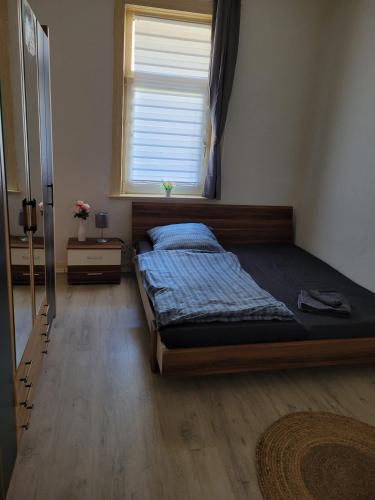 Schlafzimmer mit einem Bett und einem Fenster in der Unterkunft Günstige Monteurwohnung in Bad Grund in Bad Grund