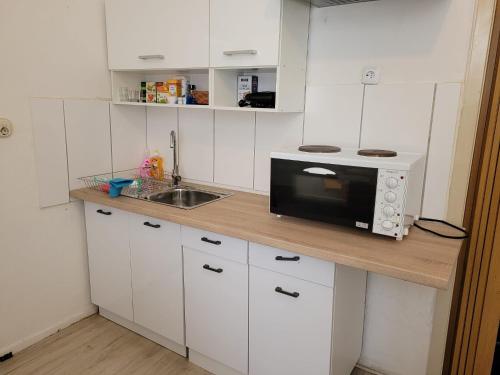 a kitchen with white cabinets and a microwave on a counter at Günstige Monteurwohnung in Bad Grund in Bad Grund