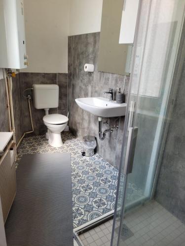 a bathroom with a toilet and a sink and a shower at Günstige Monteurwohnung in Bad Grund in Bad Grund