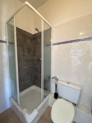 a bathroom with a shower with a toilet and a shower at Hôtel Belle Vue d'Angleterre in Le Grau-du-Roi
