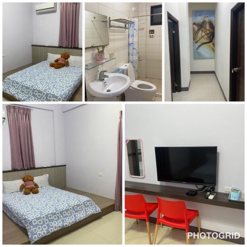 a collage of four pictures of a room with a bathroom at 喜洋洋民宿 in Magong