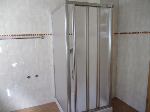 a shower with a glass door in a bathroom at Ferienwohnung Zweilinden in Steinen