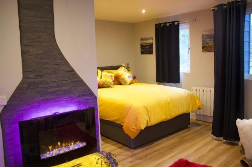 1 dormitorio con 1 cama y chimenea en Creekside Lodge Bathpool Launceston Cornwall, en Launceston