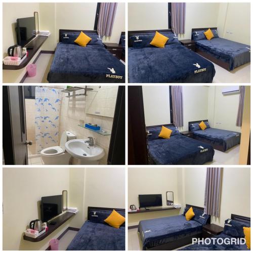 a collage of four pictures of a bedroom at 喜洋洋民宿 in Magong