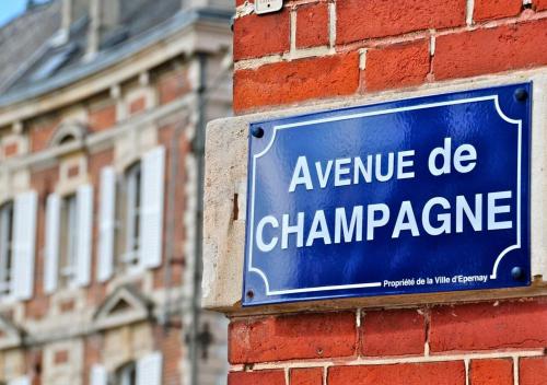 a blue sign on the side of a brick building at L'Étoile du Langevin 450m Avenue Champagne in Épernay