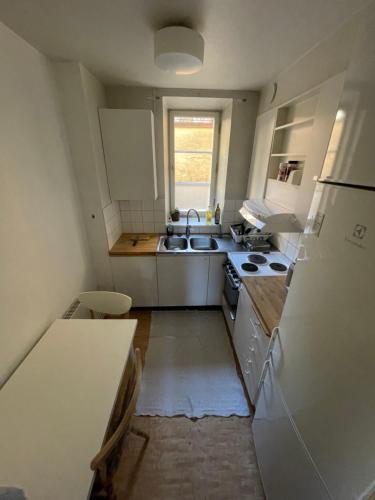 a small kitchen with a sink and a refrigerator at Apartment in Stockholm, 48m2 in Mariatorget Södermalm in Stockholm