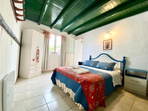 Un dormitorio con una cama azul y una ventana. en Cabañas El Naranjo, en San Rafael