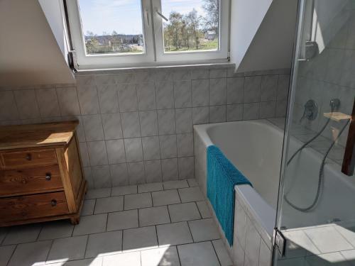 a bathroom with a shower and a tub and a sink at Haus Eisfenn in Blankenheim