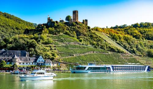 zwei Boote auf dem Fluss mit einer Burg im Hintergrund in der Unterkunft Ley Hotel in Klotten