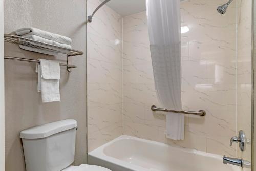 a bathroom with a white toilet and a shower at Quality Inn Newnan - Atlanta South in Newnan